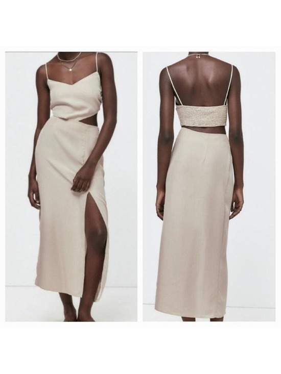 Zara Dresses & Skirts - Zara Cut Out V-neck Beige Dress, Size S